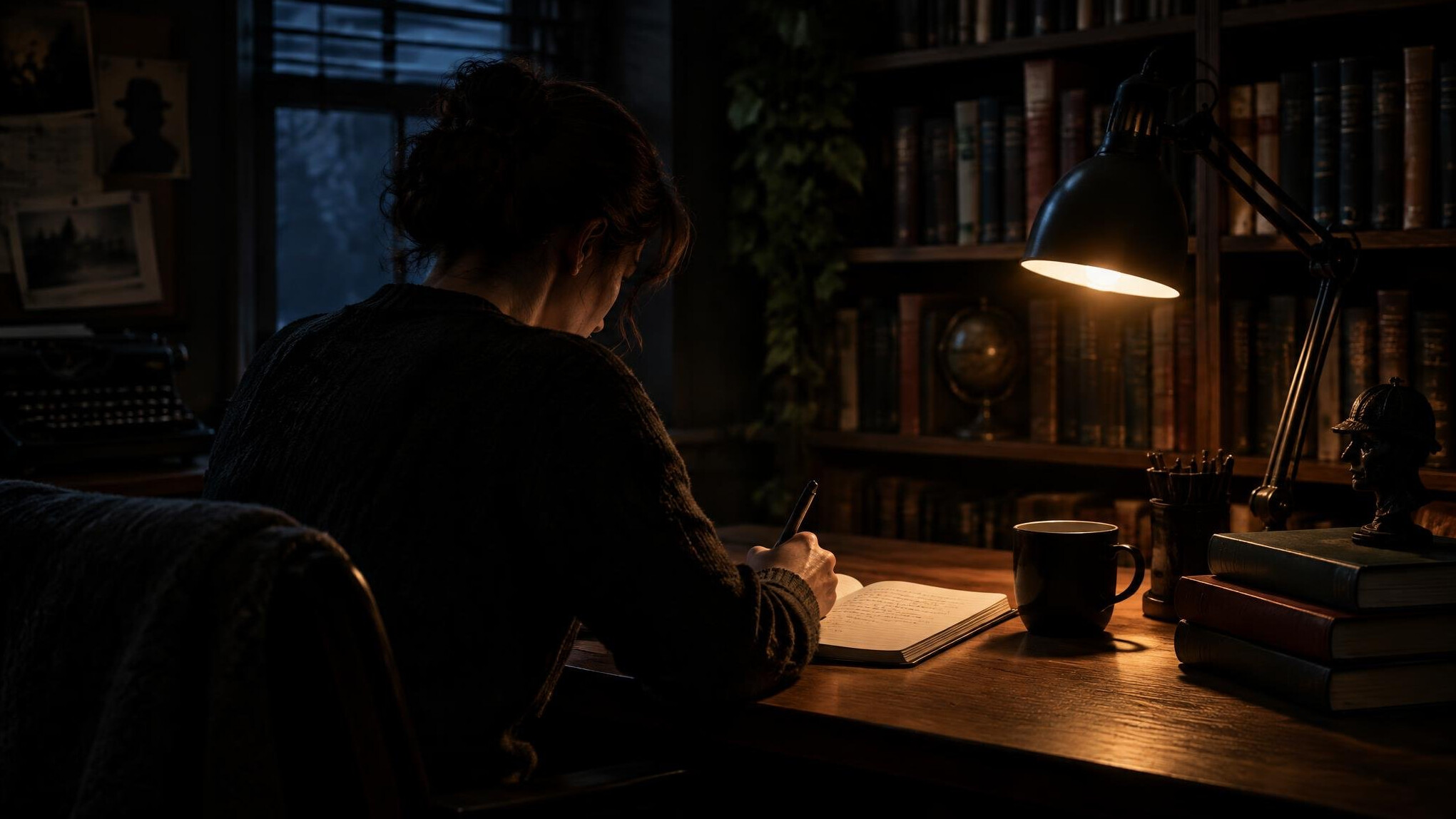 mystery writer at desk