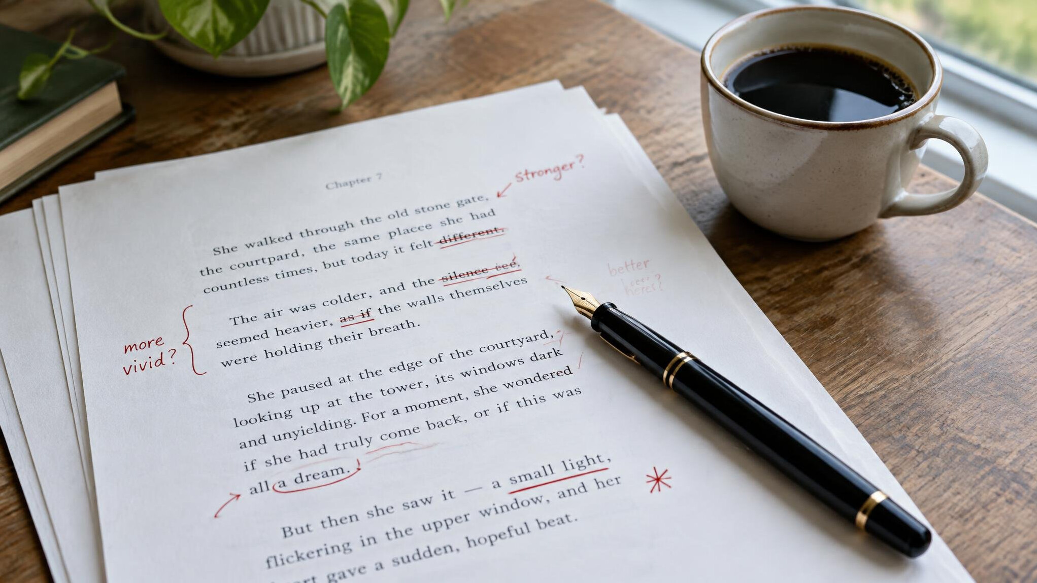 Manuscript pages covered with handwritten edits and a red pen