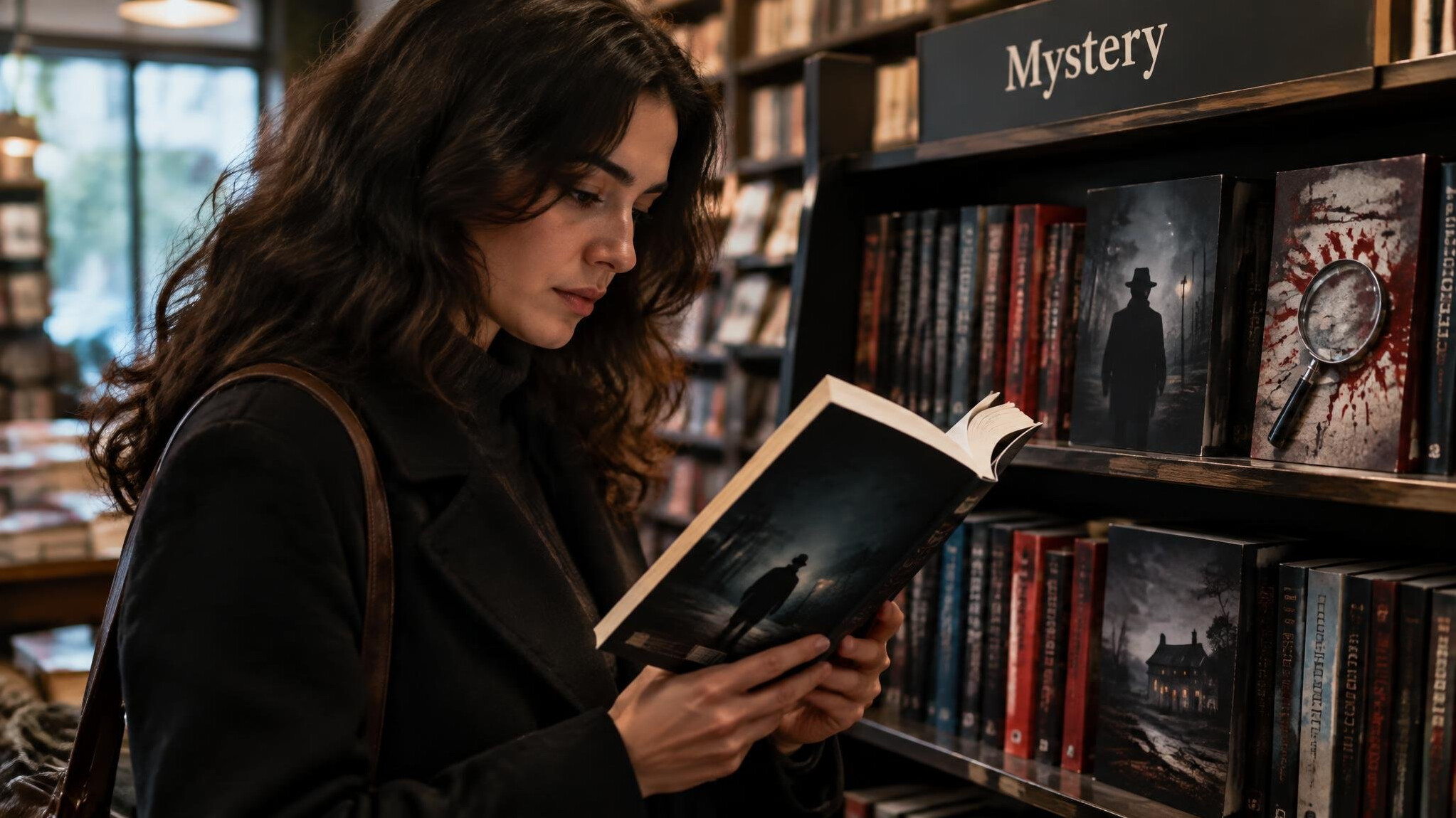 woman reading mystery book