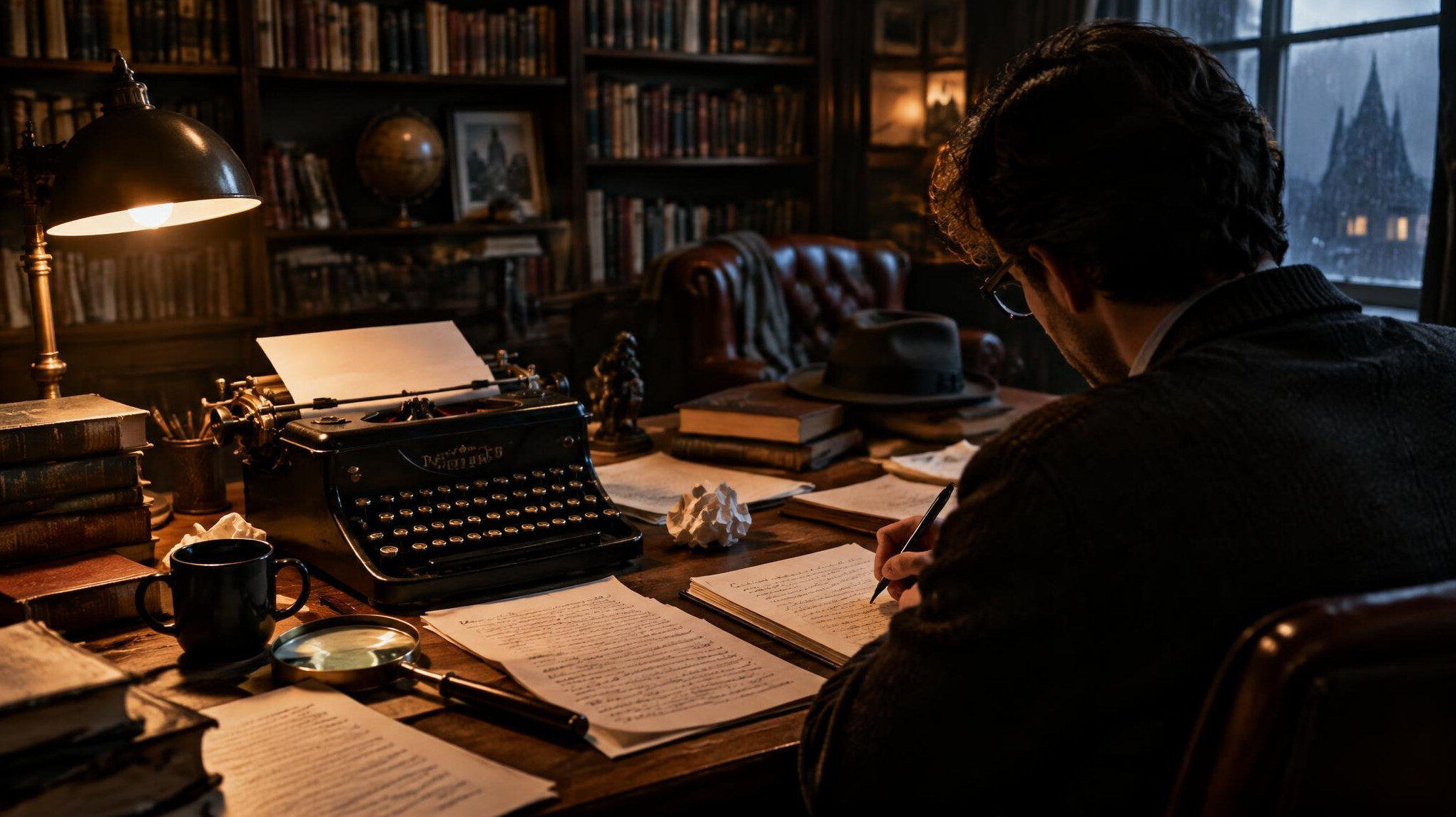 mystery writer desk setup