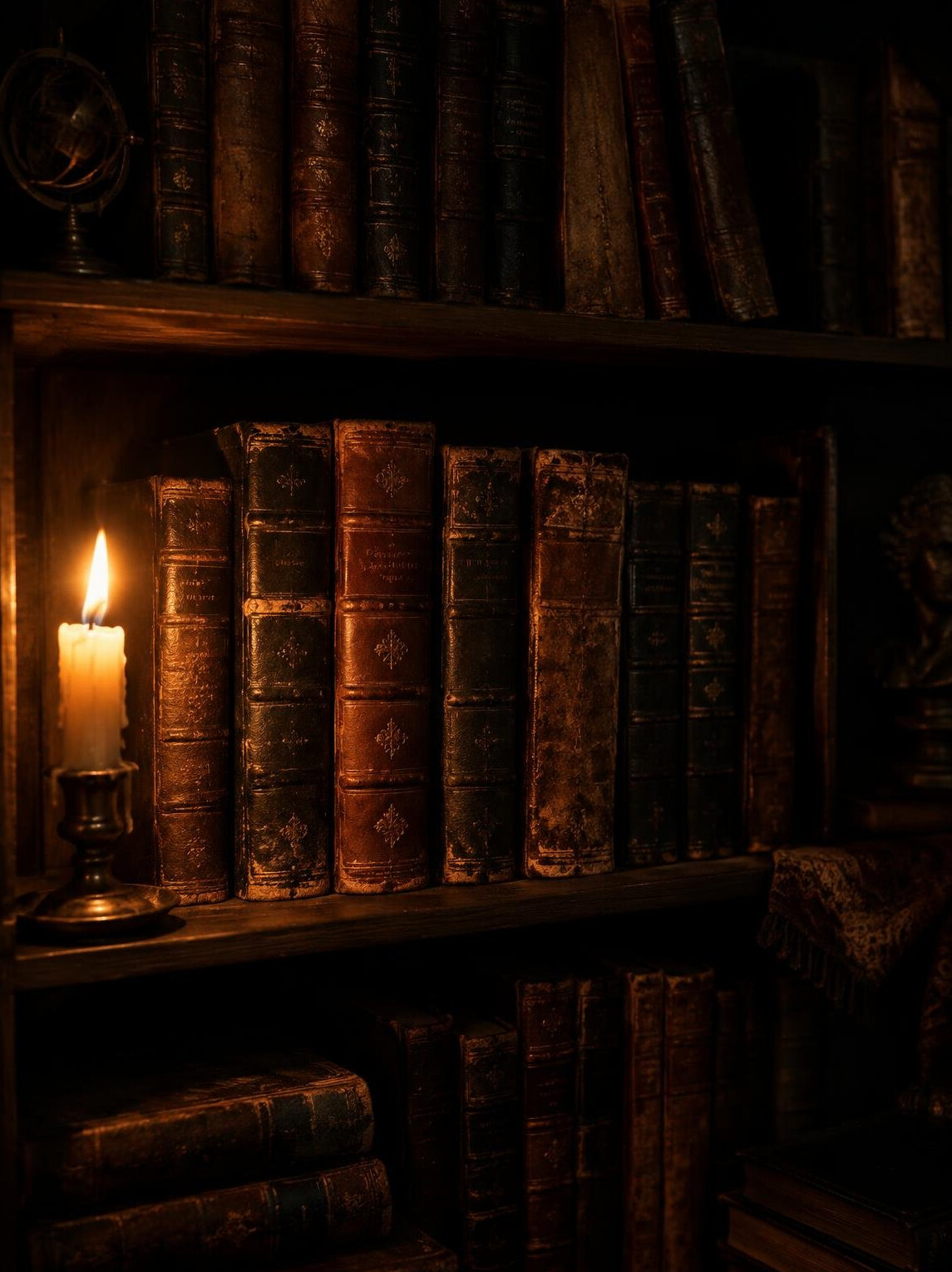 Candlelit old library shelf filled with worn leather books