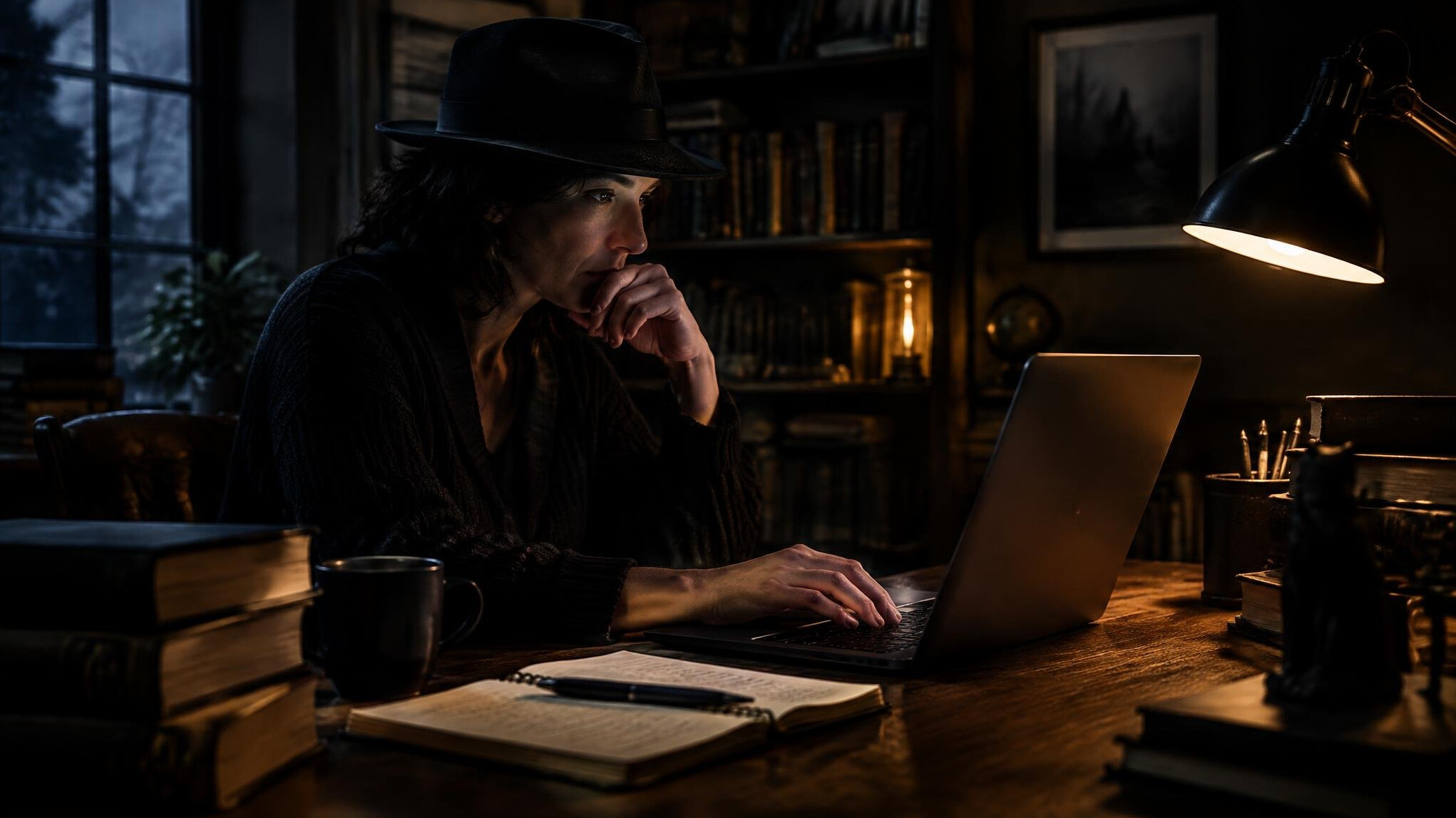 mystery writer typing on laptop