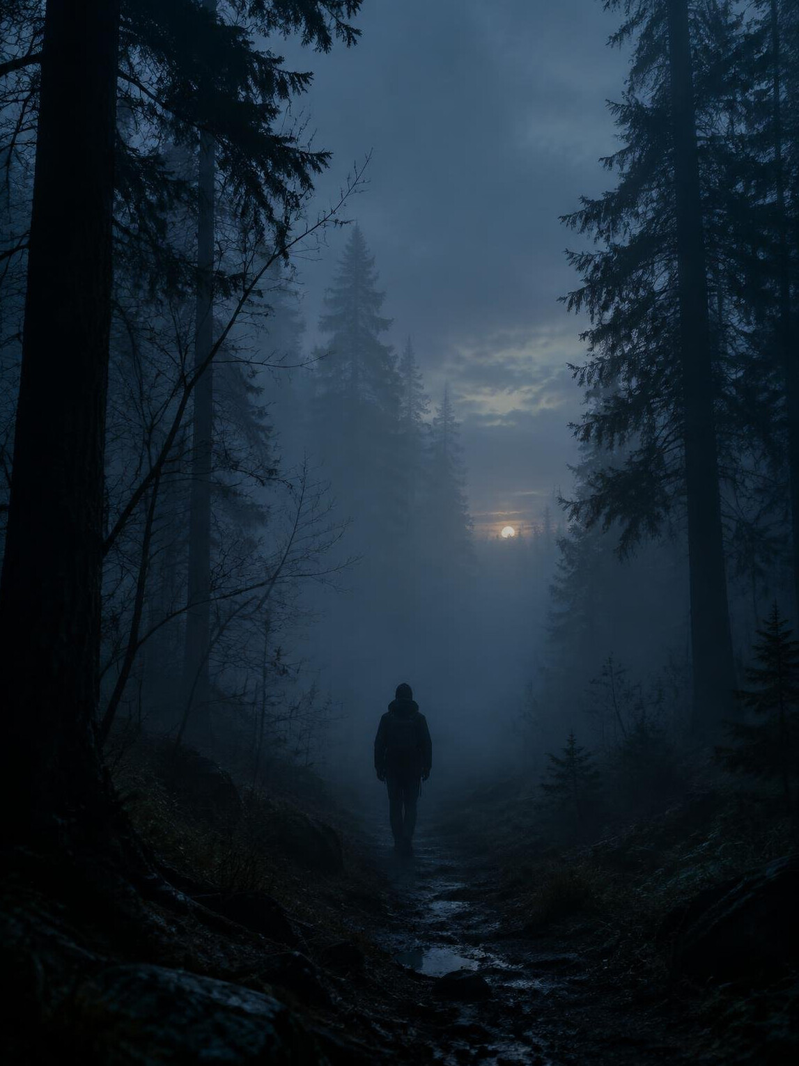 Dark silhouette of a lone figure walking into a foggy forest at dusk