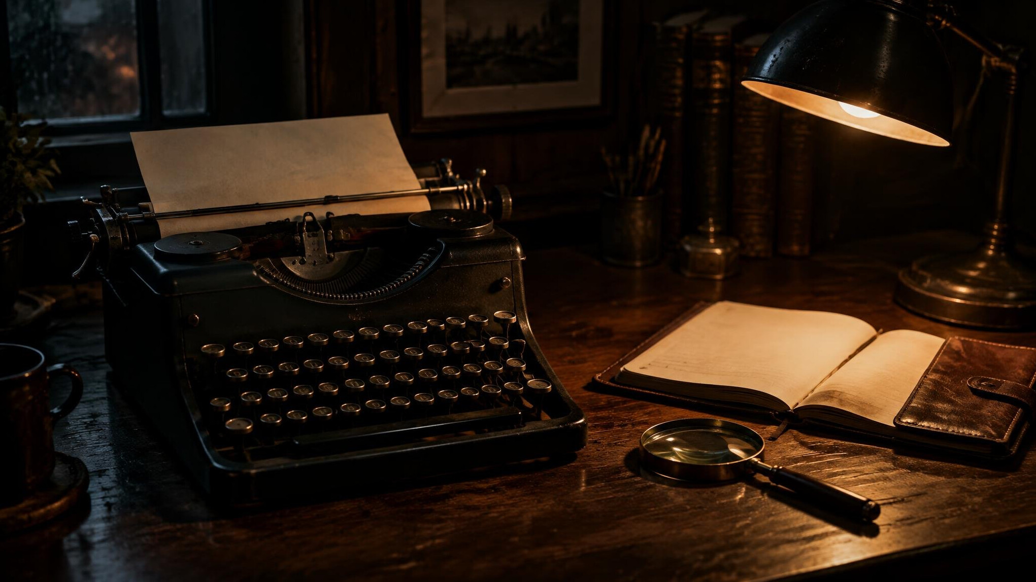 Old typewriter, notebook and magnifying glass on a wooden writer's desk
