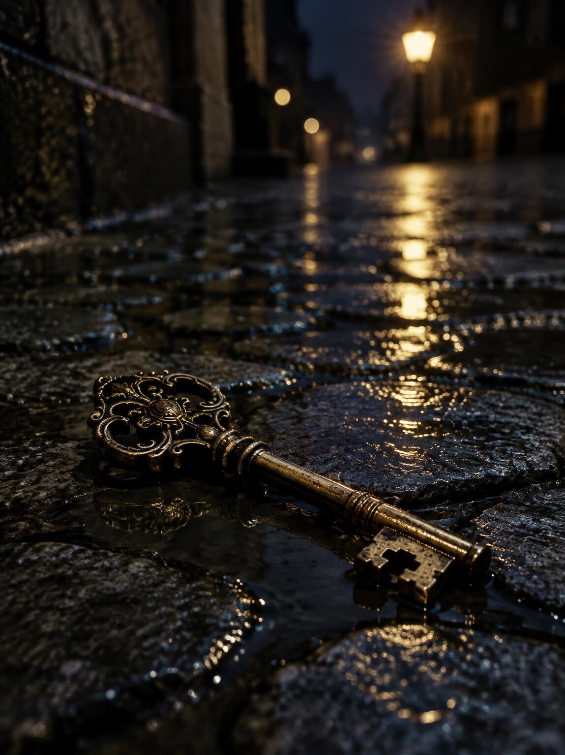 Close-up of an old brass key resting on wet cobblestone street at night