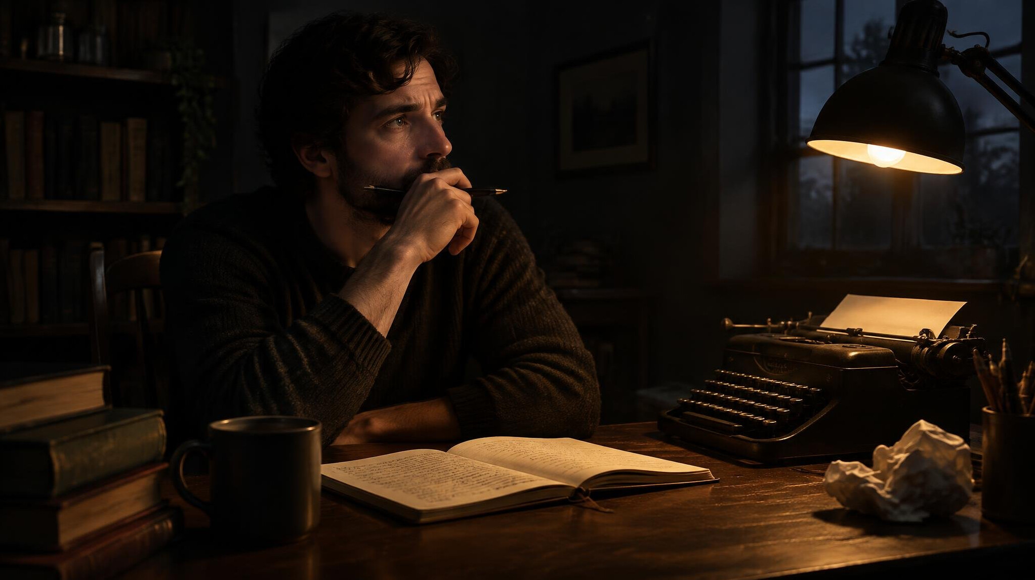 writer at desk with notebook