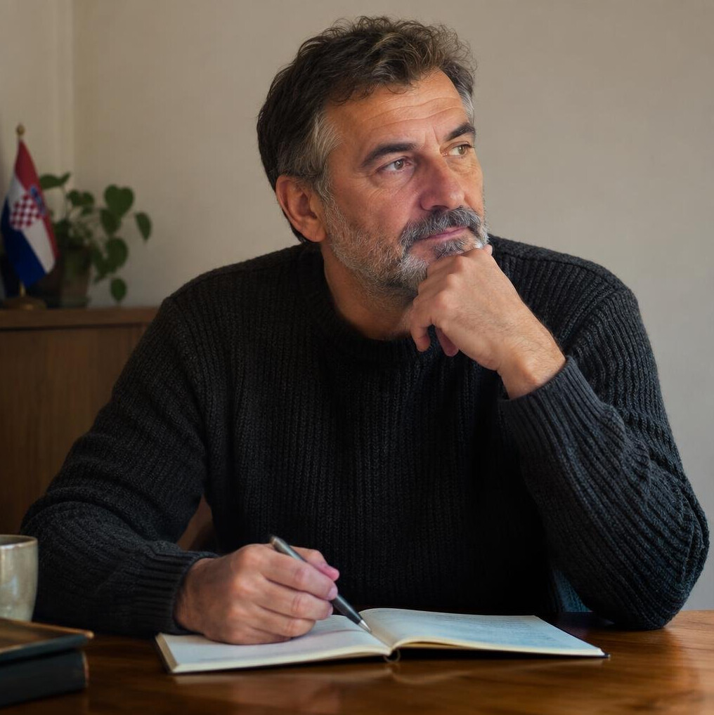 Croatian male novelist in his fifties sitting at a desk, deep in thought